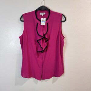 NWT Calvin Klein Blouse Tank Top XL Ruffle Fuschia Pink Black Chiffon Button